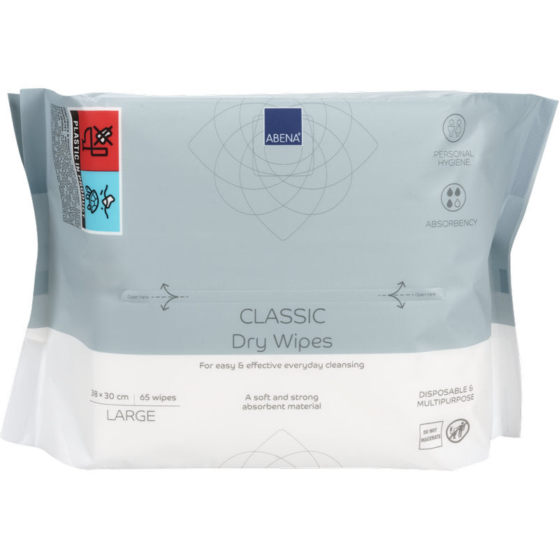 Eine Packung mit 65 Abena Classic Einmal-Waschlappen, weiß, je 30x38 cm, von Abena Re-Seller GmbH. Zeichnet sich durch hygienische Reinigung, starke Saugfähigkeit und vielseitigen Einmalgebrauch für die Körperpflege aus.