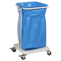 Le modèle Sækko Boy 40 d'Abena Re-Seller GmbH, sans couvercle, de couleur blanche, est doté d'un châssis métallique blanc robuste monté sur roulettes et d'un fond plat qui, associé aux sacs adaptés, en fait un chariot mobile pratique pour les déchets ou le linge.