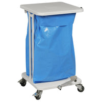 The Sækko Boy 40 from Abena Re-Seller GmbH is a white, mobile laundry cart with a lid and pedal, a blue plastic bag, a sturdy metal frame, a flat top, and four swivel casters for easy maneuverability.