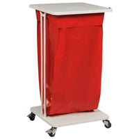 Le panier à linge Sækko Boy 120 d'Abena Re-Seller GmbH est doté d'un cadre métallique blanc, d'un sac rouge, d'un couvercle et de quatre roulettes pivotantes. Emballé dans un carton (1 lot).