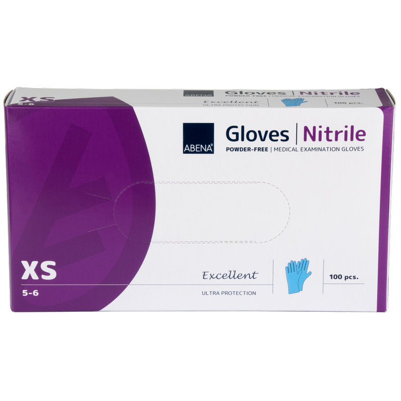 Eine Schachtel Abena Re-Seller GmbH Nitril-Handschuhe Excellent, puderfrei, blau, Größe XS (5-6), enthält 100 blaue Handschuhe in einer lila-weißen Verpackung mit einer blauen Handschuhabbildung.