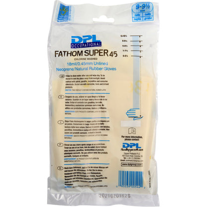 Eine versiegelte Packung Abena Re-Seller GmbH Haushaltshandschuhe Latex, Gelb, Neopren, Größe 9-9,5, mit Produktangaben, Gebrauchsanweisung und Firmeninformationen auf der Vorderseite.