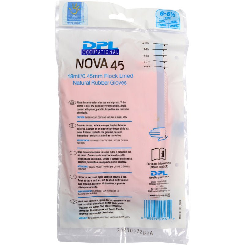 Eine durchsichtige Kunststoffverpackung enthält Abena Re-Seller GmbH Haushaltshandschuhe Latex, Rosa, Größe 6-6½. Auf der Verpackung sind Produktdetails, Gebrauchsanweisungen und Sicherheitshinweise in blauer und schwarzer Schrift angegeben.