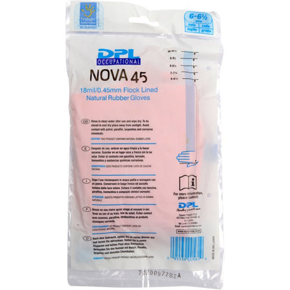Eine durchsichtige Kunststoffverpackung enthält Abena Re-Seller GmbH Haushaltshandschuhe Latex, Rosa, Größe 6-6½. Auf der Verpackung sind Produktdetails, Gebrauchsanweisungen und Sicherheitshinweise in blauer und schwarzer Schrift angegeben.