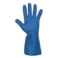 A blue nitrile household glove from Abena Re-Seller GmbH is shown standing upright with spread fingers and the palm facing forward. The latex-free glove has a textured surface and an extended cuff.