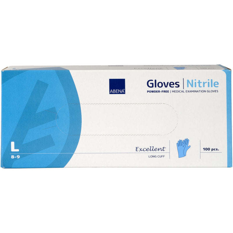 Eine Box Abena Re-Seller GmbH Nitril-Handschuhe Excellent, Größe Large, puderfrei und lang, blau. Enthält 100 medizinische Handschuhe in überwiegend weiß-blauer Verpackung mit Akzenten und Text.