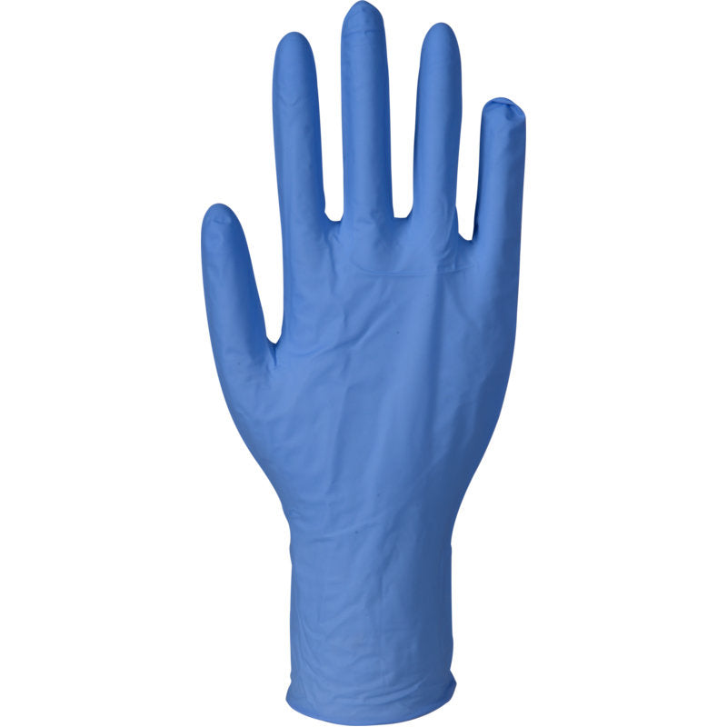 Ein einzelner Abena Re-Seller GmbH Nitril-Handschuhe Excellent, puderfrei, lang, blau ist aufrecht mit ausgestreckten Fingern und nach vorne gerichteter Handfläche vor einem weißen Hintergrund abgebildet.