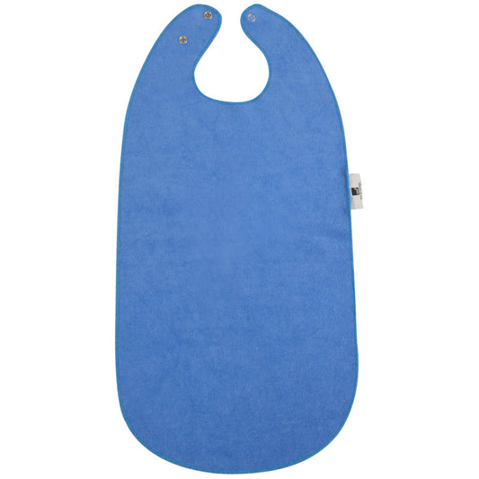 Der "Speiselatz Waschbar f. Kinder, 28x58,5 cm, Blau" von Abena Re-Seller GmbH ist ein blaues, waschbares Lätzchen mit zwei Metallknöpfen im Nacken und einem weißen Etikett am rechten Rand, flach auf weißem Hintergrund. Verkauft in Kartons (10er-Pack).