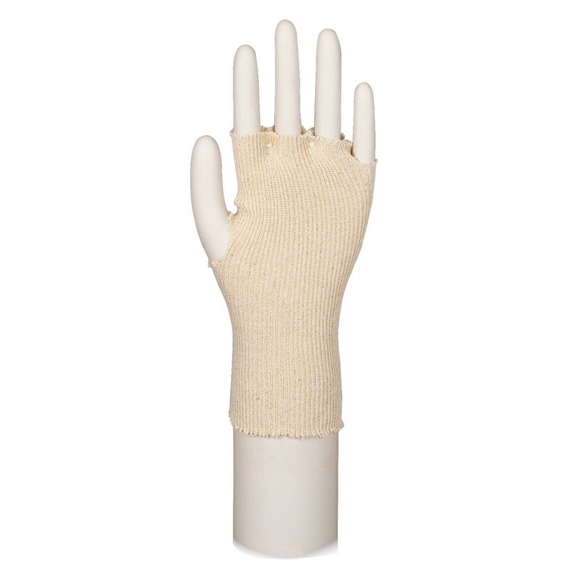 I guanti di cotone senza dita, taglia unica | Confezione (24 pezzi) di Abena Re-Seller GmbH sono raffigurati su un manichino bianco e coprono il polso e il palmo - ideali per mani sensibili, lasciando le dita libere.