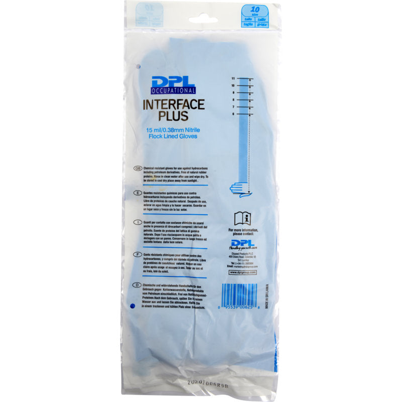 Eine durchsichtige Kunststoffverpackung enthält Abena Re-Seller GmbH Haushaltshandschuhe Nitril, Blau, Größe 10, beflockt, mit Produktinformation und Anleitung auf der Vorderseite in blauer und schwarzer Schrift.