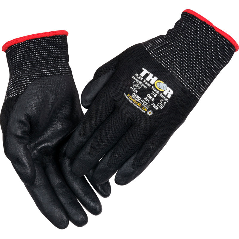 Ein Paar schwarze Thor Flex Winterhandschuhe mit strukturiertem Griff, rot eingefassten Stulpen und aufgedruckten Sicherheitszertifikaten auf der Rückseite von Abena Re-Seller GmbH.