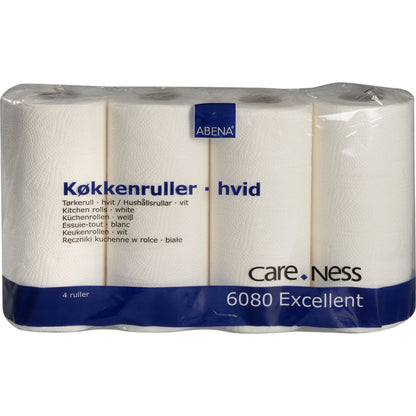 Eine Packung mit 4 weißen Küchenrollen, 2-lagig (22,5 cm x 17,85 m) von Abena Re-Seller GmbH, verpackt in klarem Kunststoff mit mehrsprachigem Text - ideal für jeden Küchengebrauch.