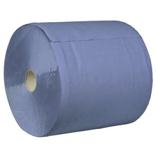 Eine große blaue Abena Re-Seller GmbH Werkstattrolle, 3-lagig (35,7 cm x 345 m), mit einem Pappkern, ist auf der Seite liegend vor einem einfarbig weißen Hintergrund abgebildet.