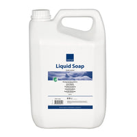 Un grand récipient en plastique blanc muni d'une poignée et d'un bouchon à vis, portant la mention « Abena Re-Seller GmbH Savon liquide pour les mains, légèrement parfumé ». L'étiquette multilingue fournit des informations sur le produit.