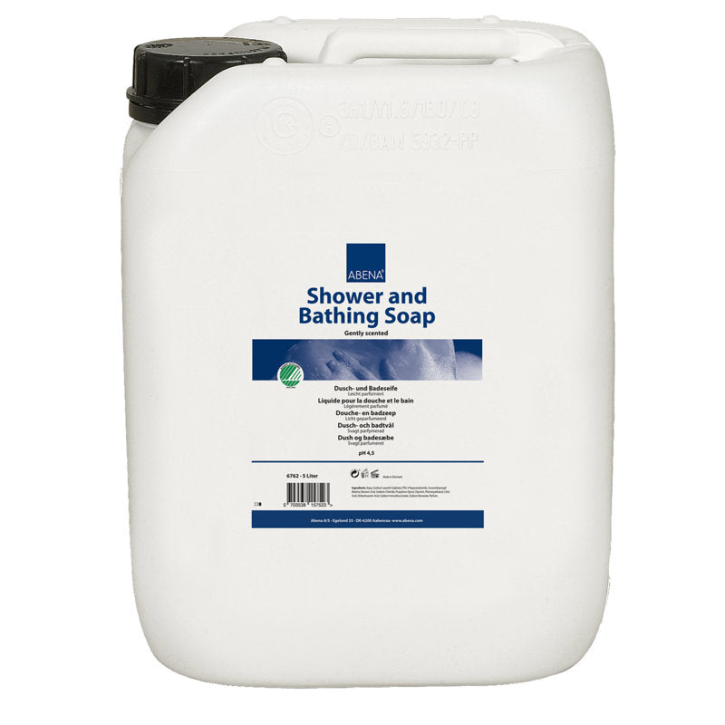 Weiße 5.000-ml-Kunststoffflasche mit schwarzer Kappe und der Aufschrift "Abena Re-Seller GmbH Dusch- und Badeseife, leicht parfümiert" sowie blauer und weißer Schrift mit Anwendungshinweisen. Verkauft im Karton (2 Packungen).