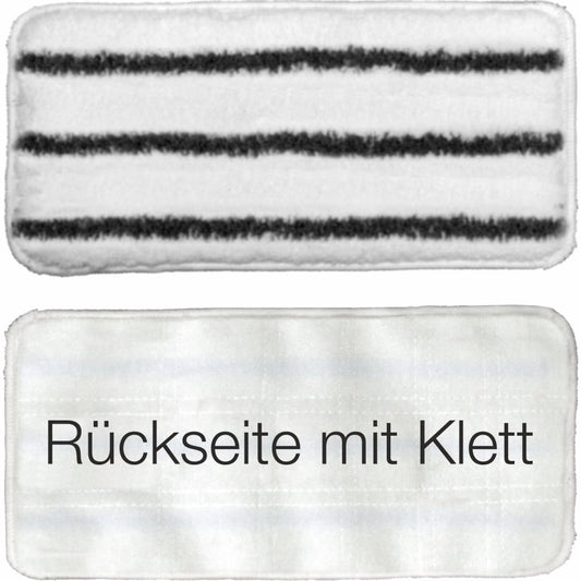 Abgebildet sind zwei rechteckige Arcora Handpad hard 27x13 cm (1 Stück) Reinigungspads der Arcora International GmbH - eines mit drei schwarzen Streifen, ideal für die professionelle Reinigung, mit einer einfarbig weißen Rückseite mit Klettverschluss.