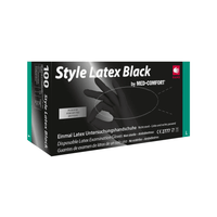 Box of AMPri Style Latex Black disposable examination gloves by AMPri Handelsgesellschaft mbH. The packaging includes text in German and English indicating that the gloves are non-sterile, ambidextrous, and size L. The box features an image of a gloved hand.