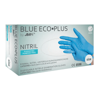 A box of AMPri BLUE ECO-PLUS powder-free nitrile gloves, blue disposable examination gloves made of nitrile by AMPri Handelsgesellschaft mbH. The box is labeled as powder-free, latex-free, non-sterile, and ambidextrous, and contains 100 gloves. Ideal for the food industry; the image shows a hand wearing a blue glove.
