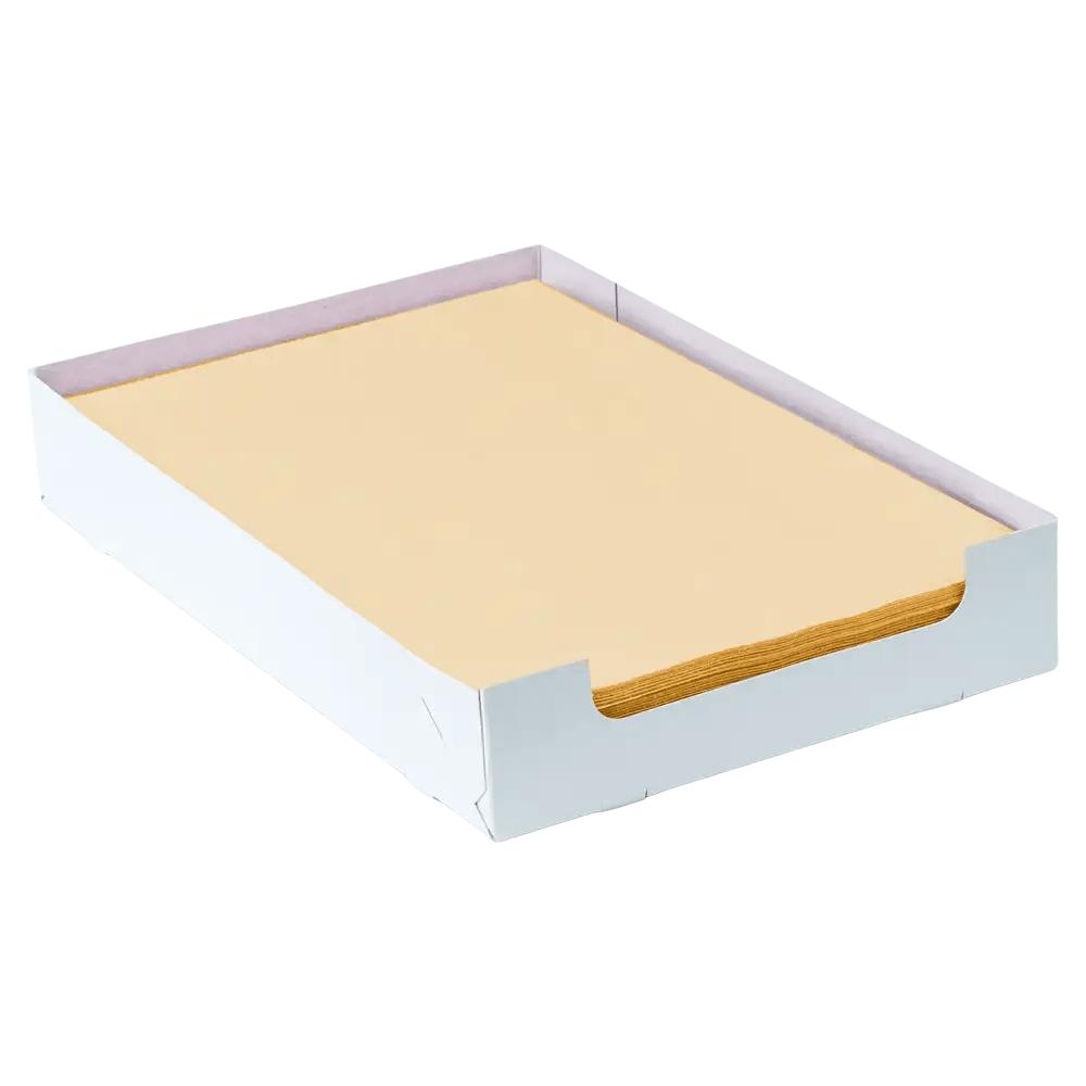 Ein Stapel beigefarbener AMPri Dental Kreppauflage Tray-Filterpapier-Blätter im Format 18 x 28 cm liegt ordentlich in einem offenen weißen Karton ohne Deckel. Der Karton wurde von der AMPri Handelsgesellschaft mbH so konzipiert, dass das Papier sicher an seinem Platz bleibt.