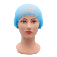 A mannequin head features a blue disposable hair cap that is ideal for use in medical settings. It features painted details, including blue eyes and red lips, against a plain white background. It is perfectly tailored to meet the ECO-PLUS clip-on cap requirements of AMPri Handelsgesellschaft mbH and complies with food-safety standards.
