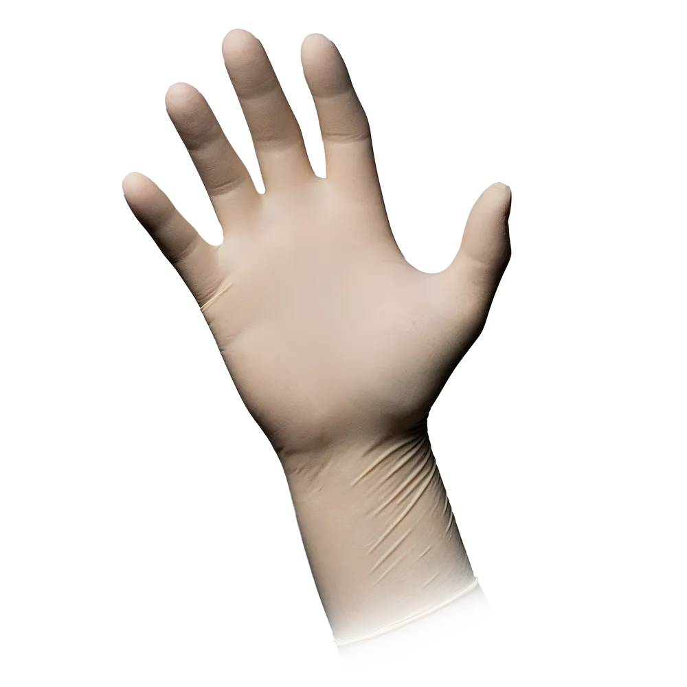 Eine mit Latex behandschuhte Hand ist vor einem weißen Hintergrund zu sehen. Der Handschuh mit der Bezeichnung AMPri MED-COMFORT 300 Latexhandschuhe puderfrei, weiß von AMPri Handelsgesellschaft mbH sitzt gut und bedeckt das Handgelenk. Die Finger sind leicht gespreizt.
