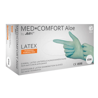 La photo montre une boîte de gants en latex AMPri MED-COMFORT Aloe, non poudrés, de couleur vert menthe, de la marque AMPri Handelsgesellschaft mbH. Ces gants d'examen jetables en latex sont non stériles, non poudrés et conviennent aux deux mains. La boîte présente une image de mains gantées et indique qu'ils sont destinés à un usage unique. La boîte contient 100 gants.