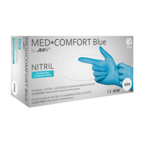 A box of AMPri MED-COMFORT BLUE disposable nitrile examination gloves (nitrile gloves) from AMPri Handelsgesellschaft mbH. The gloves are latex-free, powder-free, and non-sterile. The image on the box shows a pair of gloved hands. The package contains 100 disposable gloves, CE-marked with packaging details in several languages.