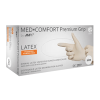 Pictured is a box of AMPri MED-COMFORT Premium Grip Latex Gloves, white | Box (100 pieces) from AMPri Handelsgesellschaft mbH. The box is labeled as non-sterile, powder-free, and ambidextrous. The packaging features an image of a gloved hand and includes text in several languages, highlighting the packaging’s suitability for professional use.
