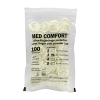 A transparent plastic bag labeled “AMPri MED-COMFORT Latex Finger Cots, Various Sizes” contains 100 latex finger cots manufactured by AMPri Handelsgesellschaft mbH. The packaging is powder-free and non-sterile; sizes 2, 3, and 4 are indicated on the bag. These high-quality finger cots are suitable for use in industrial and food-processing environments.