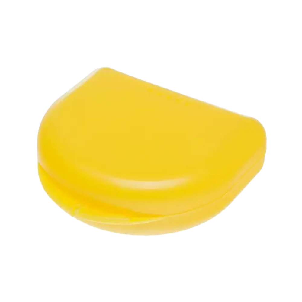 A compact, yellow, semi-circular plastic container with a flip lid, ideal for storing braces. This AMPri PP Dental mouthguard box from AMPri Handelsgesellschaft mbH is made from durable polypropylene and ensures that your braces are stored safely and hygienically.