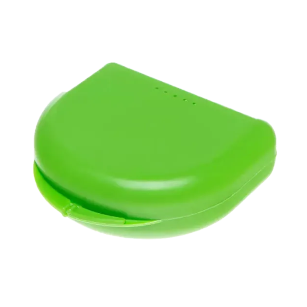 This AMPri PP Dental mouthguard box is available in green with an oval shape and made from polypropylene. It features a flip lid that closes securely, a smooth surface with a small indentation near the opening, making it perfect for storing your mouthguards. This reliable dental container from AMPri Handelsgesellschaft mbH is available in various colors and measures 65 x 58 x 20 cm.