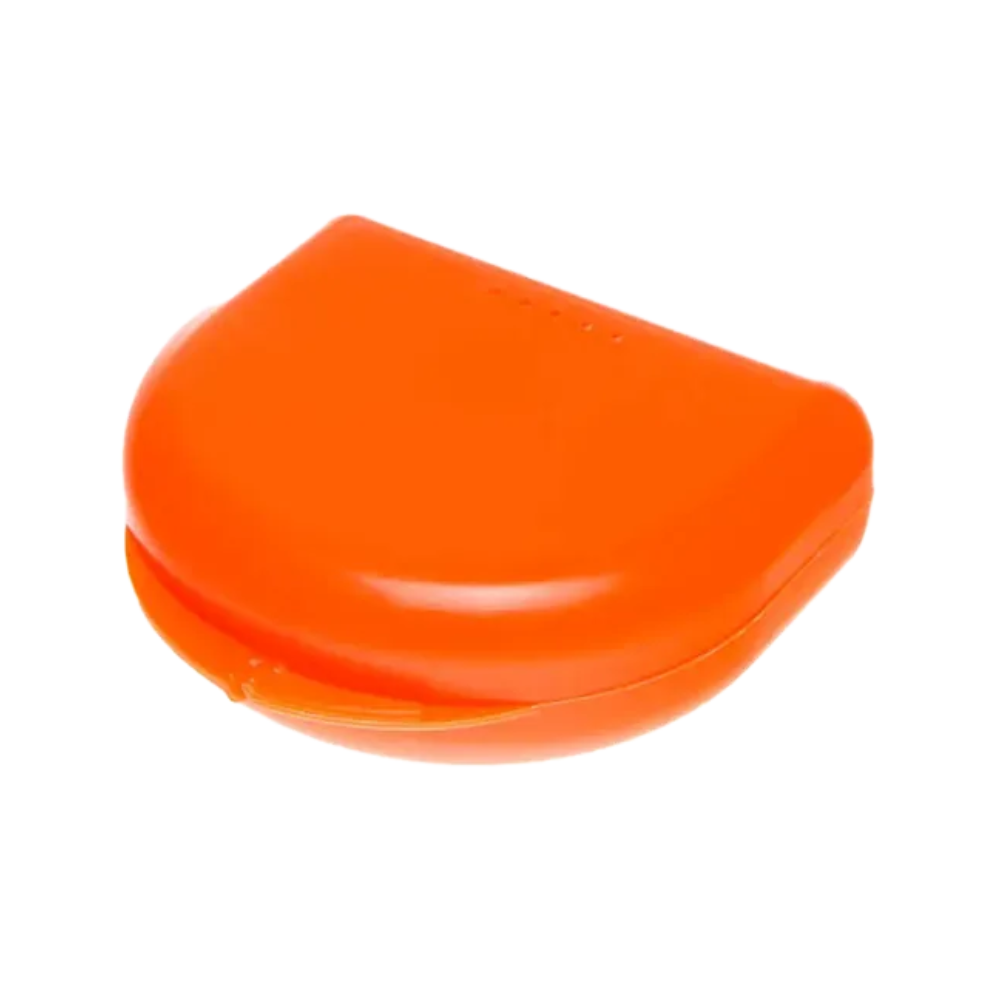 An orange, rectangular plastic container made of polypropylene with a flip lid, used for storing and protecting items such as mouthguards or braces. This AMPri PP Dental mouthguard box for adults from AMPri Handelsgesellschaft mbH has a smooth surface and features a simple, compact design.