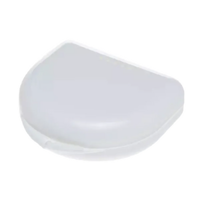 Against a plain white background, the closed, white, semi-circular plastic container from AMPri Handelsgesellschaft mbH displays a smooth design, ideal for storing small items or personal care products such as mouthguards. It is likely an AMPri PP Dental mouthguard box for adults, measuring 65 x 58 x 20 cm, available in various colors and packaged in a set of 10.