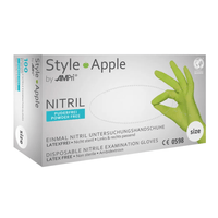 The image shows a box of AMPri STYLE APPLE powder-free nitrile gloves by MED-COMFORT, in apple green, from AMPri Handelsgesellschaft mbH. The gloves are latex-free, non-sterile, and suitable for both hands. The text on the box is primarily in German and includes glove size and certification details.
