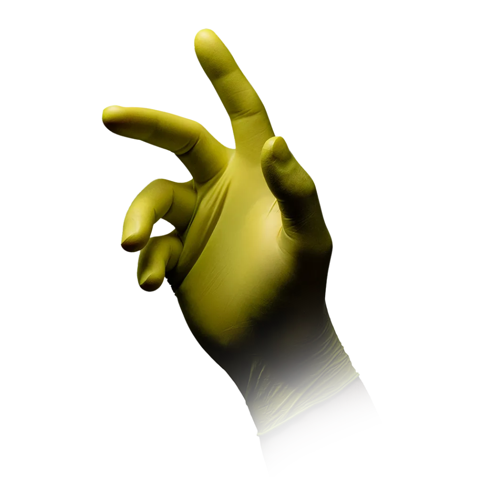 Auf weißem Hintergrund ist eine erhobene rechte Hand mit einem AMPri STYLE CEDRO Nitrilhandschuhe puderfrei von MED-COMFORT in grün zu sehen. Die Hand ist teilweise zur Faust geballt, Daumen, Zeige- und Mittelfinger sind ausgestreckt.