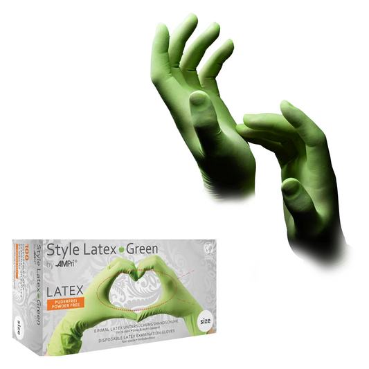 Gants en latex verts de style AMPRI-sans poudre par Med-Cosfort, vert | Boîte (100 pièces)