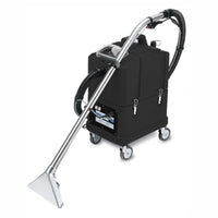 The Arcora Aniko60 spray-extraction machine from Arcora International GmbH is a standard carpet-cleaning machine with a black housing, four wheels, a silver handle, and a transparent nozzle—ideal for deep-cleaning carpets or upholstery.