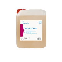 A 5-liter canister of Dr. Schumacher GmbH's THERMO CLEAR with a red cap and product information label, designed for hygienic cleaning.