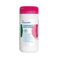 Un dispenser bianco di salviette Dr. Schumacher Cleanisept® Wipes Forte con coperchio rosa, contenente 100 salviette disinfettanti per superfici, riporta il testo dell'etichetta in inglese e tedesco. Marchio: Dr. Schumacher GmbH.