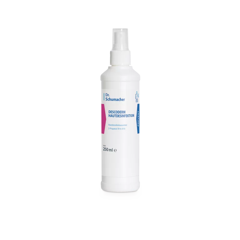 White 250 ml bottle of Dr. Schumacher GmbH Descoderm skin disinfection with spray head. The front label shows the product name and information about the disinfectant in blue and pink lettering.