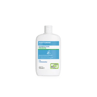 La photo représente un flacon en plastique blanc de 150 ml de désinfectant pour les mains « Dr. Schumacher Aseptoman® med » de la société Dr. Schumacher GmbH, muni d'une étiquette bleue rehaussée de touches vertes et d'un bouchon à rabat blanc, sur un fond clair et sobre.