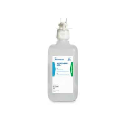 Die 500ml-Klarsichtflasche Dr. Schumacher Aseptoman® med Händedesinfektion der Dr. Schumacher GmbH mit weißem Etikett und Spenderkappe sorgt für eine schonende Händedesinfektion vor einem schlichten weißen Hintergrund.