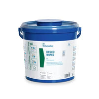 The image shows a blue plastic Dr. Schumacher | Bucket cup (1 piece) manufactured by Dr. Schumacher GmbH, featuring a lid and handles, against a white background. The label displays hygiene symbols and instructions for surface disinfection.
