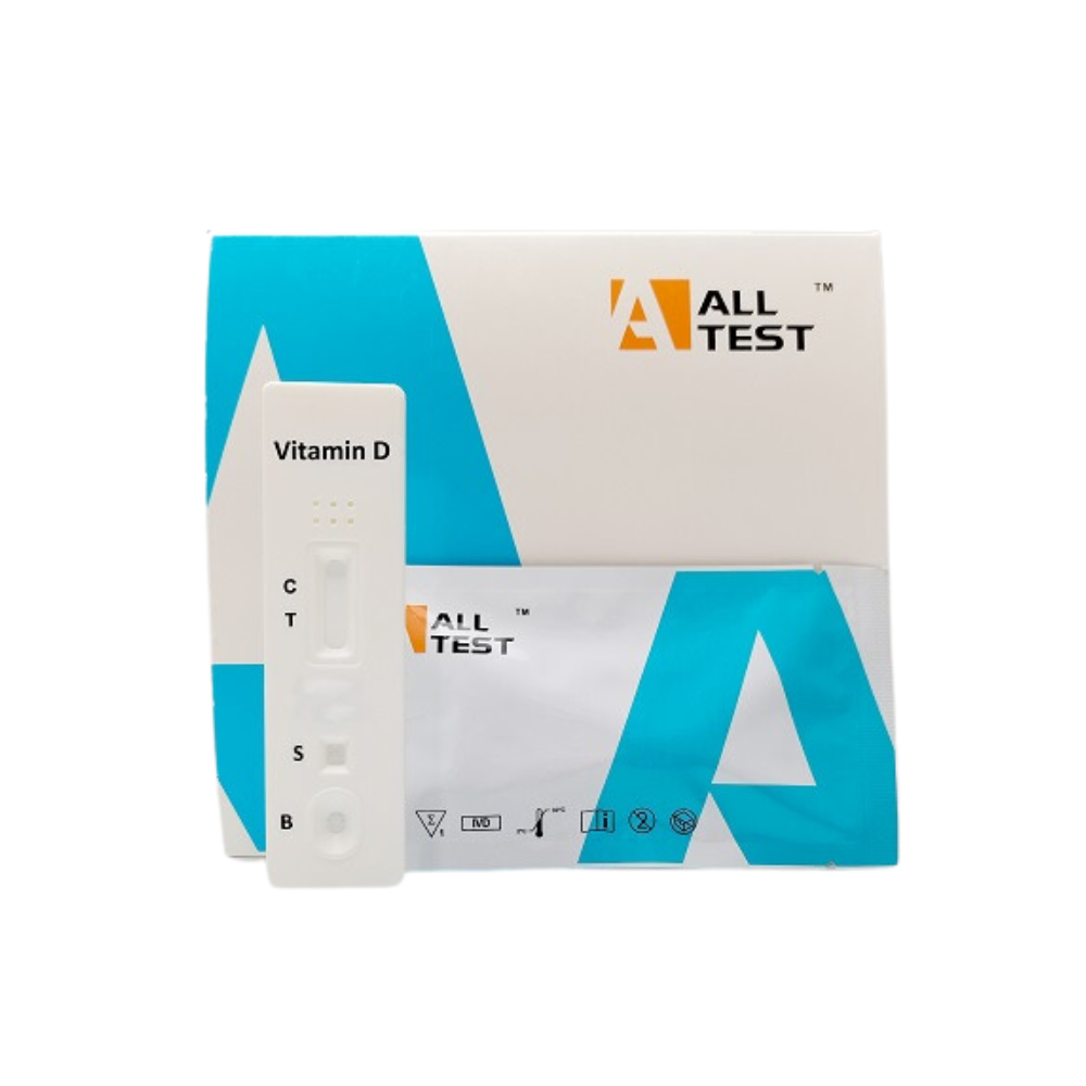 Pictured is an AllTest Vitamin D Test Kit Rapid Test | 1 piece from Alltest. The kit includes a test strip and packaging. The test strip has labeled sections for C, T, S, and B, and the packaging features the Alltest logo in blue and white colors.