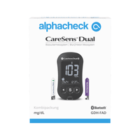 La photo montre l'emballage d'un kit combiné Alphacheck CareSens DUAL pour lecteur de glycémie | Boîte (1 pièce), un système de surveillance de la glycémie et des cétones de la société Berger Med GmbH, idéal pour l'autosurveillance du diabète. La boîte porte des inscriptions en allemand et représente un lecteur numérique affichant une valeur de 103 mg/dL, ainsi que des bandelettes de glucose et de cétones. La connectivité Bluetooth est mentionnée.