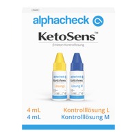 A product image of Alphacheck KetoSens β-Ketone Control Solution L+M | Pack (2 vials) by Berger Med GmbH for keto meters. The image shows a white box with blue and yellow text. Inside the box are two small vials with colored caps, one yellow (Solution L) and one blue (Control Solution M). The volume is listed as 4 mL.