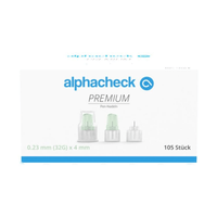 A white box labeled “Alphacheck PREMIUM Pen Needles, Various Sizes” in a green-and-blue design, designed to minimize pain during insulin administration. It contains 105 needles measuring 0.23 mm (32G) x 4 mm. The front of the box features an image of three pen needles from Berger Med GmbH.