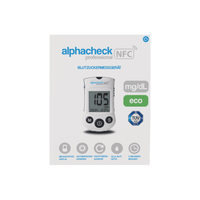 Photo de la face avant de l'emballage du « Lecteur de glycémie Alphacheck Professional NFC eco | Boîte (1 pièce) » de Berger Med GmbH. L'emballage comporte un écran numérique affichant une valeur de 105 mg/dL. Les étiquettes mettent en avant des fonctionnalités telles que l'affichage Bluetooth, le codage automatique et la mémoire de résultats, pour une prise en charge optimale du diabète.
