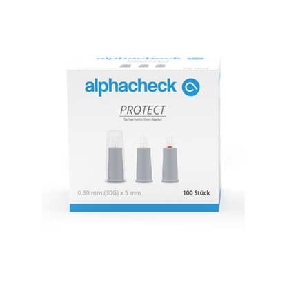 Eine Schachtel mit der Aufschrift „Alphacheck PROTECT Sicherheits-Pen-Nadeln, verschiedene Größen“ von Berger Med GmbH für das Diabetesmanagement. Die Schachtel zeigt Bilder von drei Pen-Nadeln und gibt die Spezifikationen an: 0,30 mm (30G) x 5 mm, geeignet für Insulin-Injektionen. Die Schachtel enthält 100 Stück.