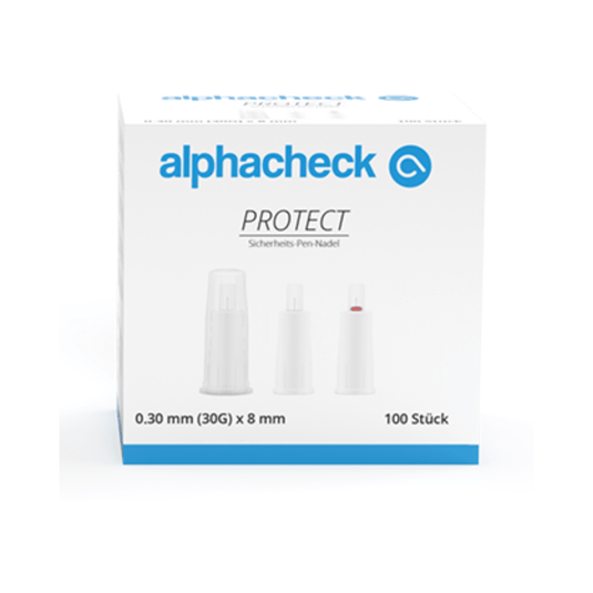 Une boîte blanche avec du texte bleu portant l'inscription « Alphacheck PROTECT aiguilles de stylo de sécurité, différentes tailles » et « aiguille de stylo de sécurité ». La boîte, destinée aux injections d'insuline, contient 100 aiguilles de stylo de sécurité de 0,30 mm (30G) x 8 mm. Sur le devant de la boîte, trois aiguilles de stylo de sécurité sont illustrées à différents stades de montage. Nom de la marque : Berger Med GmbH